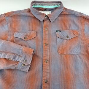 Jetty Mens XL Button Down Shirt Rust Blue Striped Long Sleeve Flannel Style